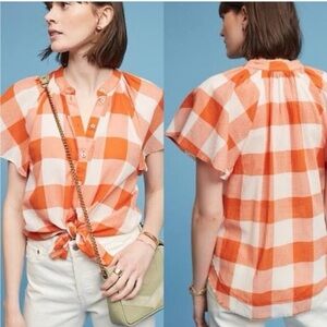 NWOT Maeve Anthropologie Butterfly Sleeve Big Gingham Check Button Up Blouse